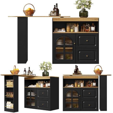 360° drehbare Essbar, schlicht und modern, geeignet für Schlafzimmer, Wohnzimmer, Esszimmer, 2 Schubladen, Snackregal, offenes Ablagefach, drehbarer Sideboardschrank mit Regalen und Bogenglas, schwarz