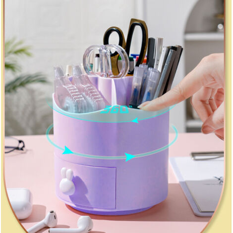 360° drehbarer, multifunktionaler Schreibtisch-Organizer – Großer Stiftehalter für Büro und Schlafzimmer – Rosa – Aufbewahrungsbox mit 5 Fächern und Kunststoffschublade