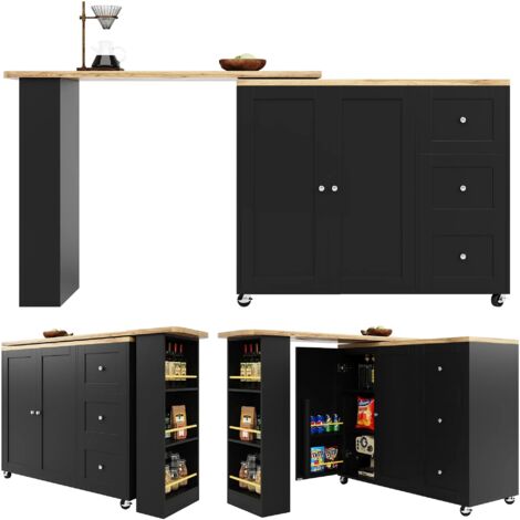 360° drehbarer Stehtisch (135-203 x 39 x 106 cm) auf Rollen, schwarz, mit drei Schubladen. Kommt mit Snackhalter. Multifunktionale Aufbewahrungsinsel, geeignet für Küche und Wohnzimmer
