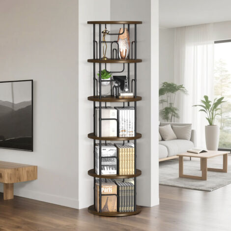 360° Drehbares Bücherregal Holz Standregal 5 Ebenen 45x45x160cm Bodenstehendes Bücherschrank Massivholz Lagerregal für Wohnzimmer Schlafzimmer Farbe der Holzmaserung
