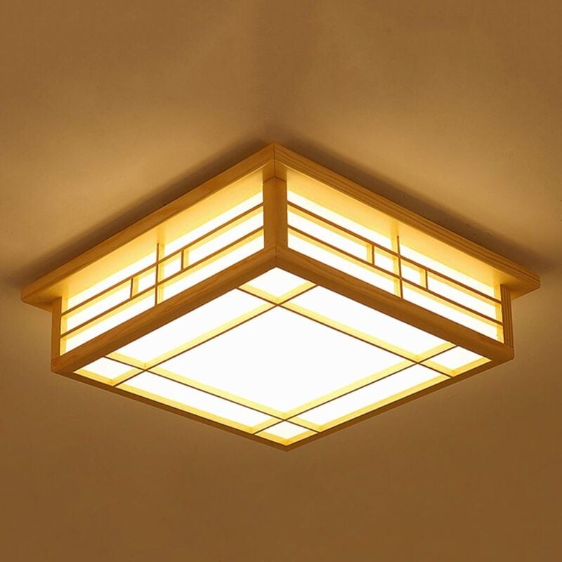 Plafonnier led en bois massif tatami pour chambre à coucher, balcon et journaux de lumière chaude pour salon, couronne, suspension (45 × 45 cm)