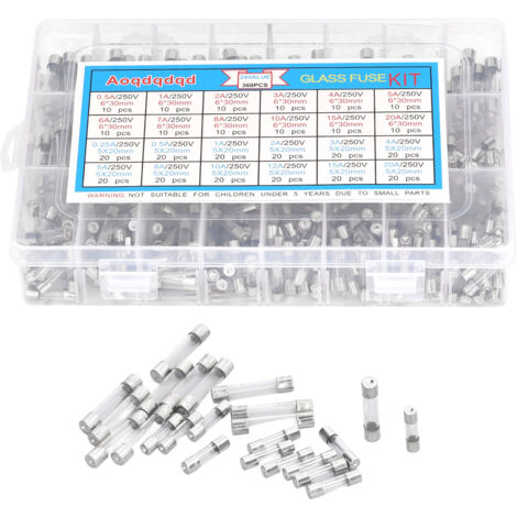 360 Pièces Fusible Verre 6x30mm 5x20mm 0.25A‑20A, Kit Protection Circuit Électrique, 24 Types Assortis pour Réparation Électronique