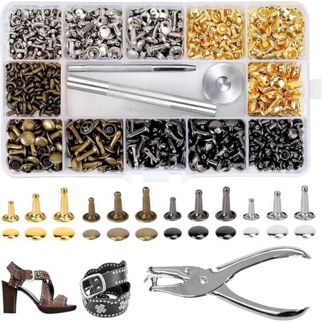 360 Pièces Rivets Cuir avec 3 Outil Fixation & Punch Pince, 3 Tailles Goujons Tubulaires Rivet Double, 4 Couleurs Rivets Couture, Bouton Pression Métal pour Artisanat DIY, Vêtements Déco, Remplacement