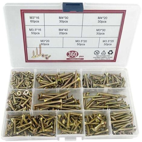 360 Pièces Vis à Bois Autotaraudeuses, Zingué Jaune Extra Fort, Vis Autoperceuses à Empreinte Cruciforme Pozidriv, Vis à Tête Plate Croisée, vis pour panneaux d'aggloméré,M3/M3.5/M4
