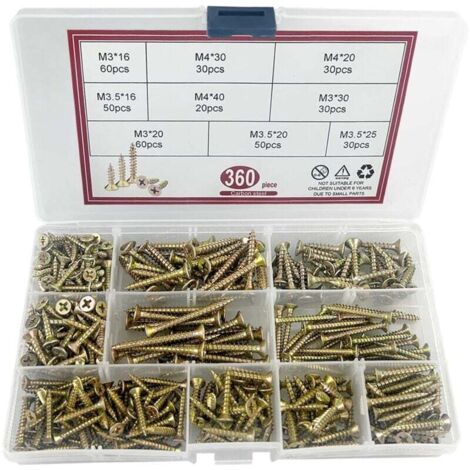360 Pièces Vis à Bois Autotaraudeuses, Zingué Jaune Extra Fort, Vis Autoperceuses à Empreinte Cruciforme Pozidriv, Vis à Tête Plate Croisée, vis pour panneaux d'aggloméré,M3/M3.5/M4