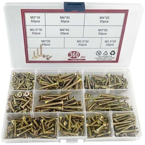 360 Pièces Vis à Bois Autotaraudeuses, Zingué Jaune Extra Fort, Vis Autoperceuses à Empreinte Cruciforme Pozidriv, Vis à Tête Plate Croisée, vis pour panneaux d'aggloméré,M3/M3.5/M4