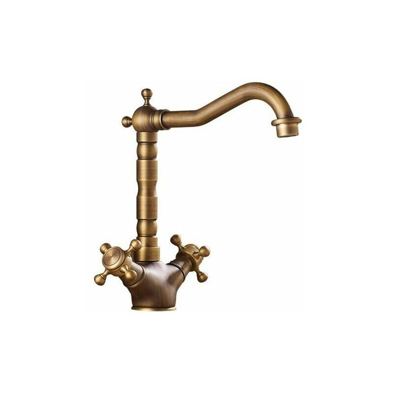 360° Robinet Rotatif en Cuivre Antique Double de Lavabo en Laiton Évier de Cuisine Brossé Lavabo Doux Robinet Vintage pour Eau Chaude et Froide,