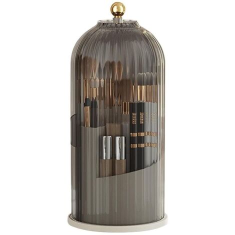360° Rotating Dustproof Makeup Organizer with Lid – Transparent Brush Holder for Dressing Table, Bathroom, Bedroom (Grey)