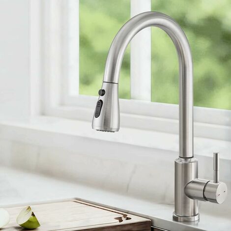 360° Rotating Pull Out Kitchen Faucet, 3 Spray Modes Kitchen Mixer Tap, 304 Stainless Steel Sink Faucet, Brushed Nickel