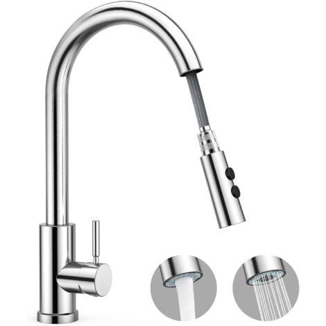 360° schwenkbare und ausziehbare Küchenarmatur, Edelstahl-Küchenmischer mit 2-Strahl-Ausziehbrause, Hochdruck, 50 cm langer Ausziehauslauf, einfache Installation, moderne und langlebige Doppelspülbeck