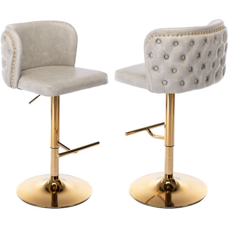 360° Swivel Bar Stools Set of 2 with Adjustable Seat Height, Modern PU Upholstered Chrome Base Bar Chairs with Tufted Button Back, for Dining Room Home Pub Kitchen Island, Steel Footrest&Base, Beige