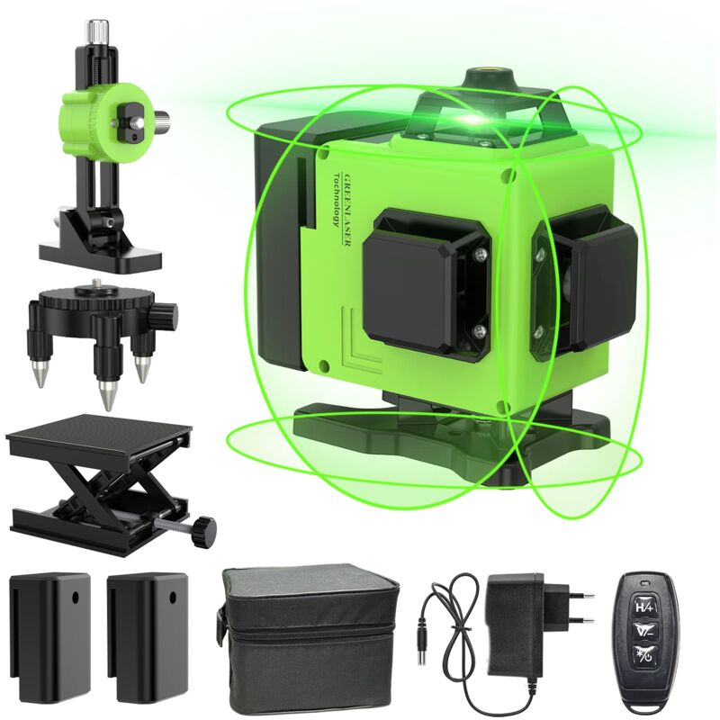 Tinor - 360° x 4 Laser Level, 3D Green Laser Level Self-Leveling Vertical and Horizontal for Construction Sites, IP54, with Protective Bag and 2 aa