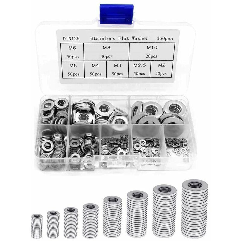 360PCS Rondelles Plates en 304 Acier Inoxydable Assortiment, Rondelles metal, Joint vidange, Rondelles gonds de porte, Rondelles assortiment de