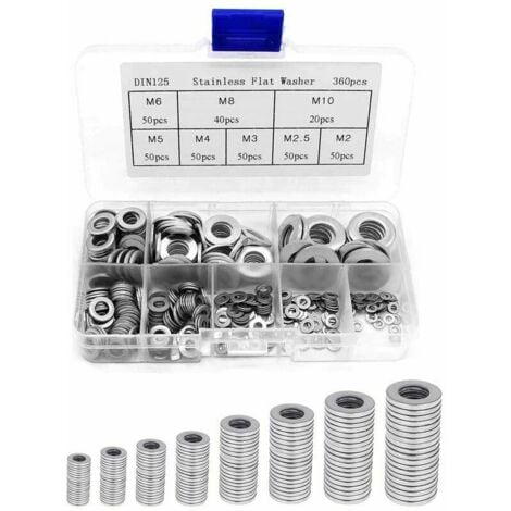 360PCS Rondelles Plates en 304 Acier Inoxydable Assortiment, Rondelles metal, Joint vidange, Rondelles gonds de porte, Rondelles assortiment de lave-mains (M2 M2.5 M3 M4 M5 M6 M8 M10), Ensoleillé
