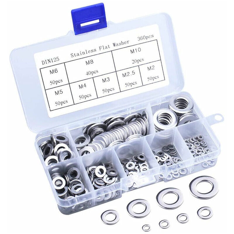 Hoopzi - 360PCS Stainless Steel Flat Washers Assortment Kit M2 M3 M4 M5 M6 M8 M10
