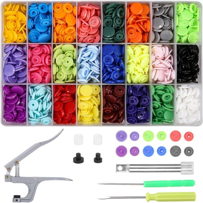 360pcs Bouton pressions en plastique de 24 couleurs avec outils pince en métal pour couture de vêtements, bavoirs, manteaux de pluie