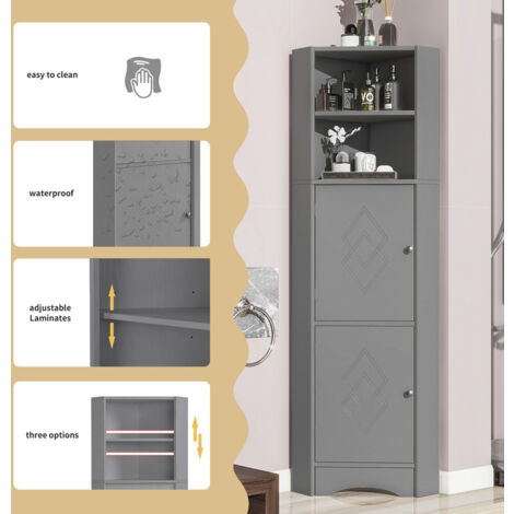 36,5x36,5x155cm Meuble de salle de bain, meuble de salle de bain, meuble d'angle avec deux compartiments de rangement, compartiment ouvert avec étagère réglable,gris clair