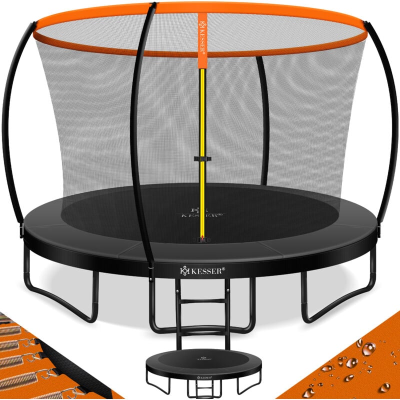 KESSER® Trampoline de jardin Certifié TÜV Rheinland GS jusqu'à 150 kg avec filet de sécurité échelle couverture de bord Orange / Anthracite