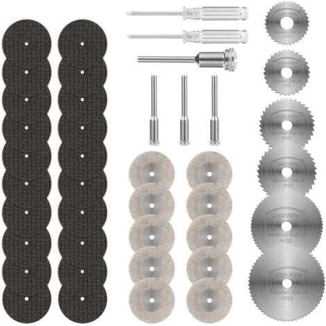 COAVAS 36PCS Mini Disque Diamant à Tronçonner, Disques de Coupe pour Dremel, HSS en Résine Lame Scie Circulaire avec 5 Mandrins SC et 2 Tournevis pour Couper Bois, Métal, Plastique, Pierre