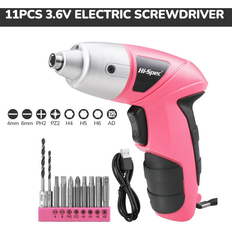 3.6V Pink Electric Screwdriver 11 Pieces - Small USB Electric Screwdriver Set - Battery Powered and Rechargeable with Bit Set