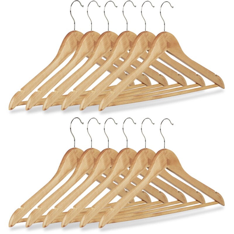 36x Cintres en bois set pantalon robe jupe chemise, Crochet pivotant 360° Hxl: 22,5 x 44,5 cm, nature/argent