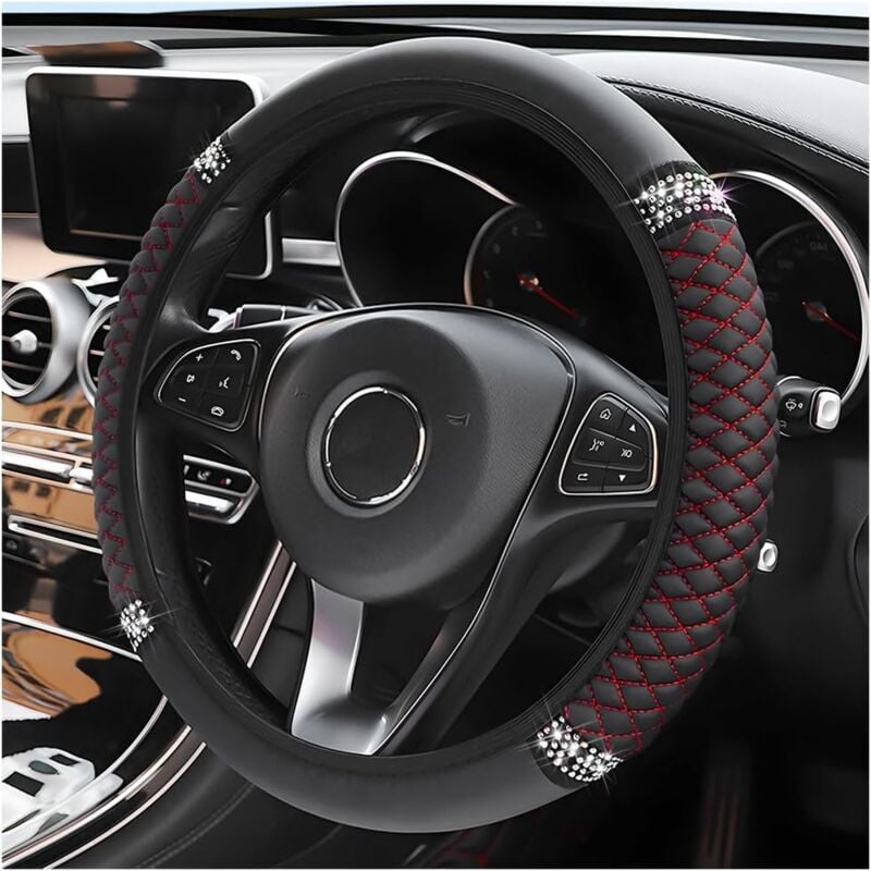 37-38CM Universal Car Steering Wheel Cover, Car Steering Wheel Cover without Inner Ring in Embroidered Leather, pu Leather Anti-Slip Breathable,