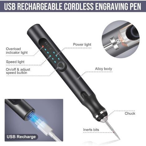 37-Bit-Elektrogravierstift, kabellose, per USB aufladbare Graviermaschine, geeignet zum Gravieren von Schmuck, Glas und Stein, schwarz.