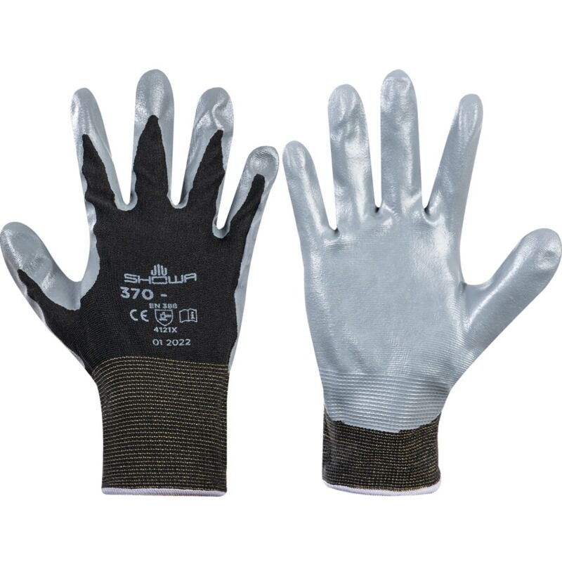 Showa Nitrile Coated Grip Gloves, Grey/Black, Size 7