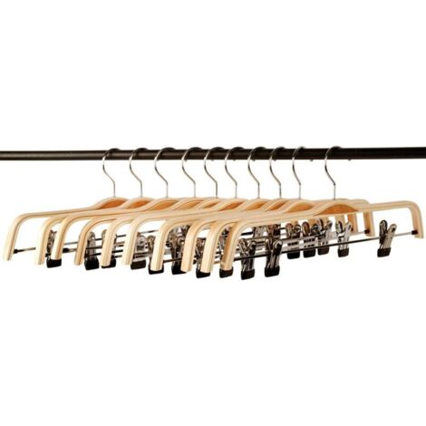 37,5 × 1,1 × 37,5 cm, confezione da 10 grucce in legno autentico, colore chiaro, robuste, per pantaloni e vestiti, con clip
