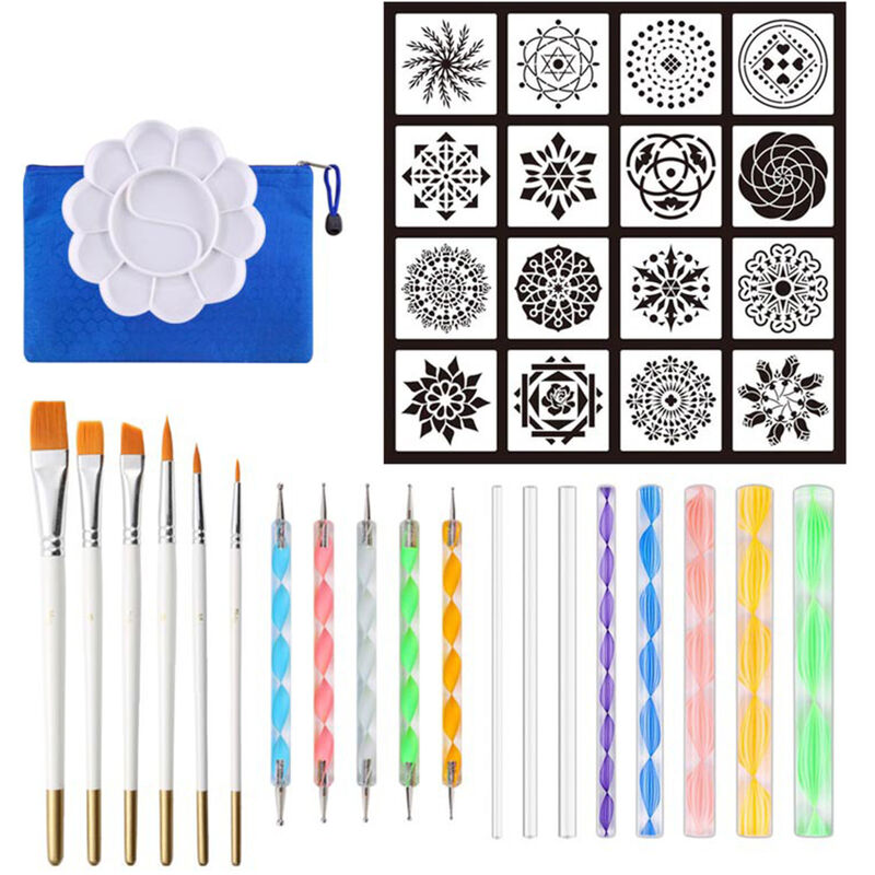 

37pcs Mandala Dotting Tools Set con plantillas Palette Paint Brush Ball Stylus Boligrafos para pintar Rocas Unas Lienzo Colorear Arte Dibujo,37