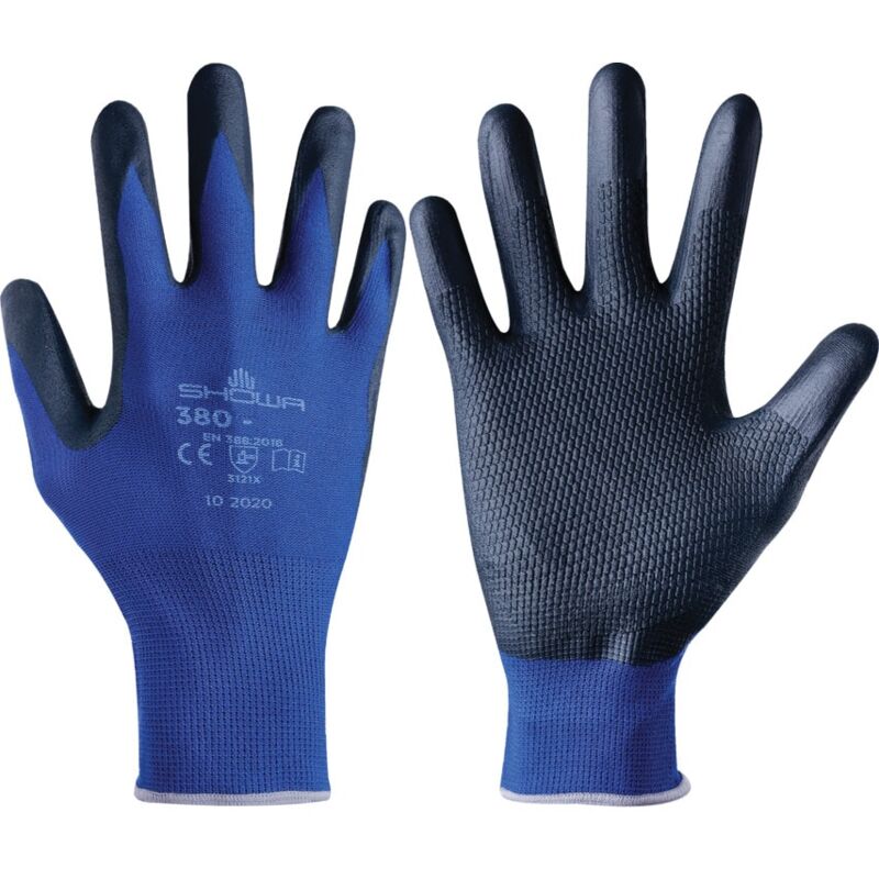 Showa Nitrile Coated Grip Gloves, Black/Blue, Size 9
