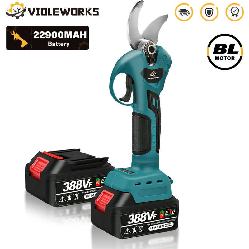 Sécateur électrique sécateur ciseaux de coupe de branche sans fil VIOLEWORKS 388VF 3000W 4 vitesses avec 2 Batteries Bleu