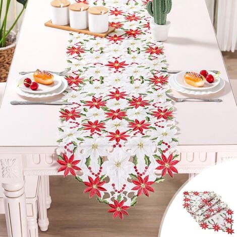 38CM x 176CM Chemins De Table De Noël, 2 Côtés Coton Et Lin Brodé Chemin De Table Poinsettia Et Feuille De Houx Linge De Table pour La Décoration De Table De Mariage Décorations De Noël