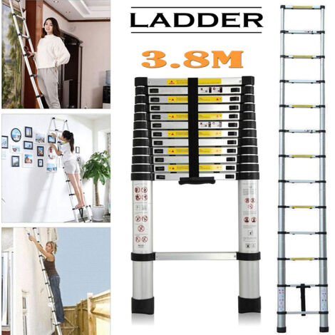 3.8M/12.5FT Extendable Alminium Ladders Telescopic Folding Portable Ladder with Stabiliser Bar  EN131 Certificated