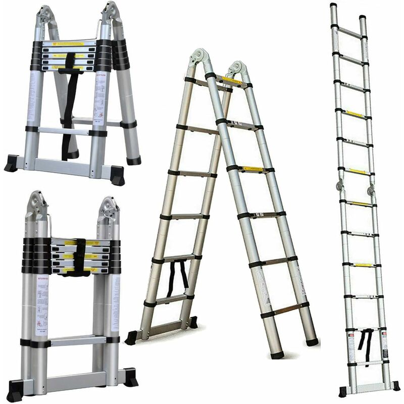 3.8M 12.5ft Telescopic Ladders Extending Folding Steps 150kg 330lb Capacity Aluminium Portable Multi Function for Home Loft Office Roof Work diy