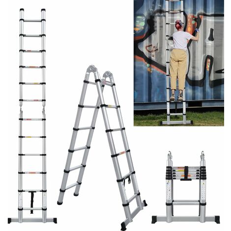 3.8M (1.9+1.9m) A-Frame Telescoping Ladder Folding Ladder Extension Ladder Extendable Portable with Hinges Max 150kg Load Capacity with Non Slip Rubber Feet Compact and Sturdy, EN131 Certificate
