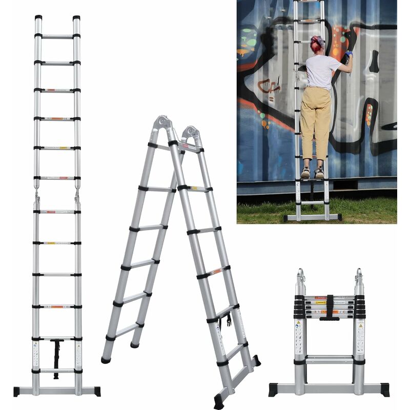 3.8M (1.9+1.9m) A-Frame Telescoping Ladder Folding Ladder Extension Ladder Extendable Portable with Hinges Max 150kg Load Capacity with Non Slip