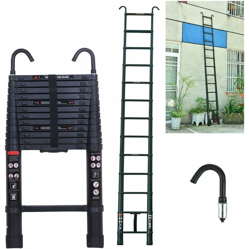 3,8M Échelle Pliante en Aluminium Telescoping Ladders avec 2 Crochets Amovibles Multifonction Ladder-noir
