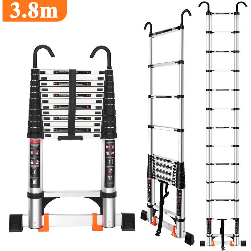 3,8M Échelle Télescopique en Aluminium avec Crochet Support Mural Escabeau Escamotable Multifonction Pliable Échelle de Toit Charge 150KG Noir Argenté