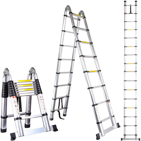 3.8M Échelle Télescopique en Aluminium Pliante (1,9M + 1,9M), Échelle Escamotable Multifonction Bricolage Pliable Charge 150 kg, Argenté
