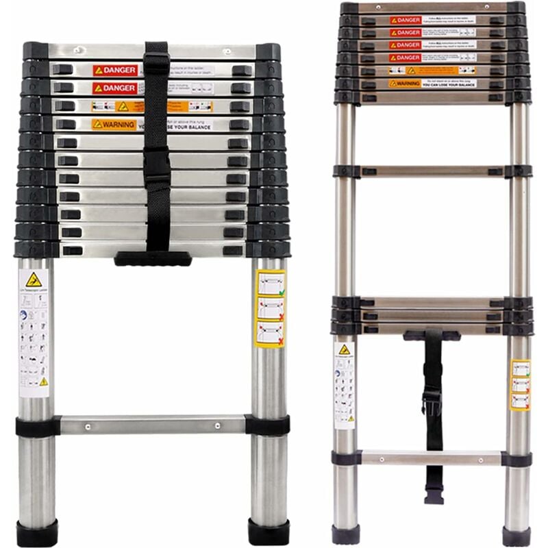 Briefness - 3.8M Telescopic Ladder 12.5FT Multi-Purpose Stainless Steel Telescoping Ladder Extendable Portable Sturdy Loft Ladder with EN131 & ce