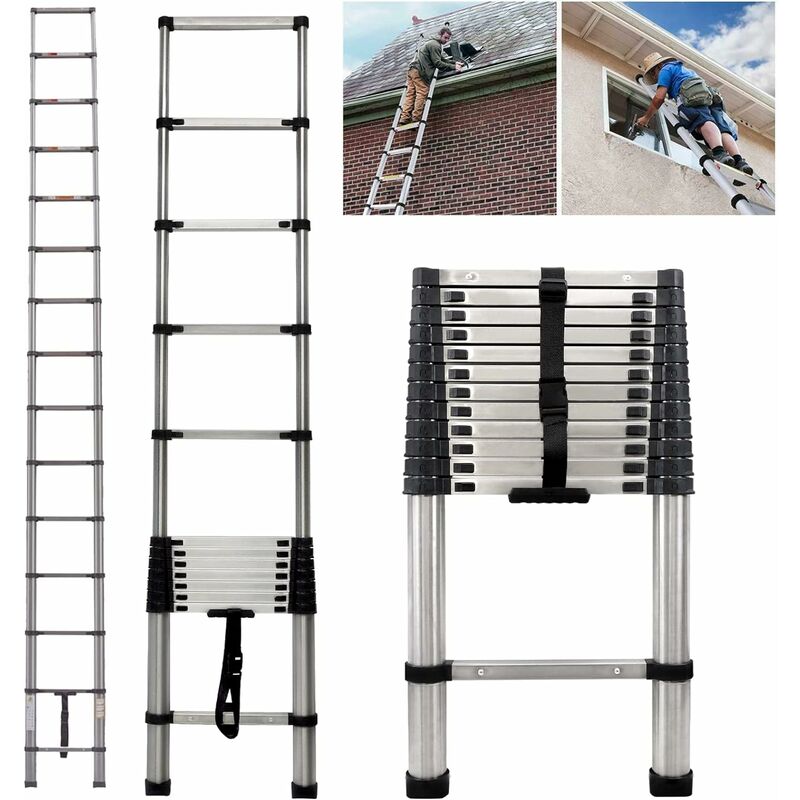 Briefness - 3.8M Telescopic Ladder 12.5Ft Telescoping Ladder Multi-Purpose Extendable Ladder Steps Extension Portable Collapsible Ladder 150kg Load