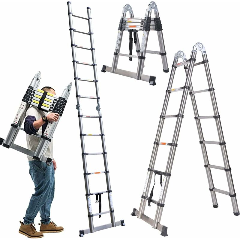 Briefness - 3.8M Telescopic Ladder 1.9m+1.9m A-Frame Retractable Extension Multi Purpose Household Ladder Stainless Steel Foldable Telescoping