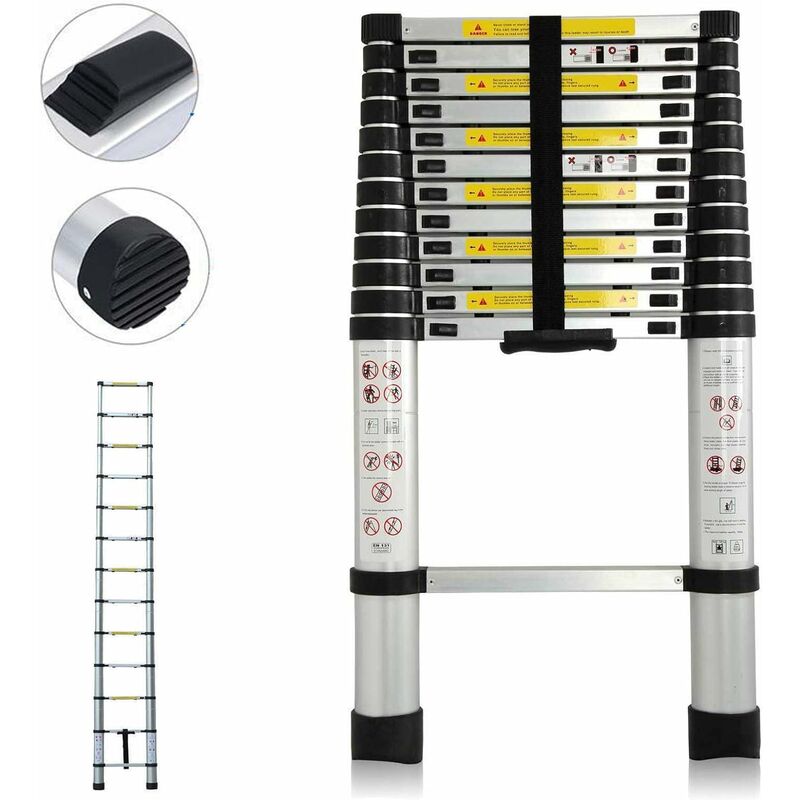 Briefness - 3.8M Telescopic Ladder Multi-Purpose Aluminum Telescoping Ladder with 13 Adjustable Steps & Locking Mechanism, EN131 Standards Portable