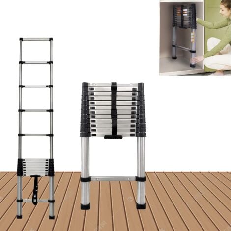 3.8M Telescopic Ladder Multi-Purpose Stainless Steel Telescoping Ladder with 13 Adjustable Steps & Locking Mechanism, EN131 Standards Portable Extension Ladder Max Load 330lbs
