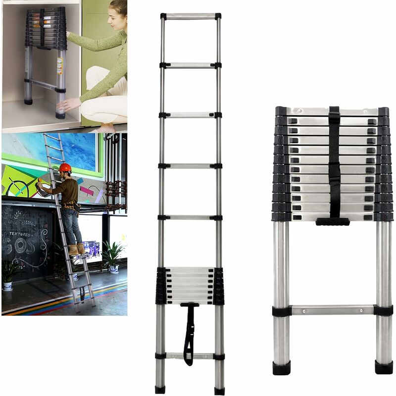Briefness - 3.8M Telescopic Ladders Extendable 13 Step Tall Loft Ladder, Stainless Steel Extension Ladders Multi Purpose Retractable Ladder,