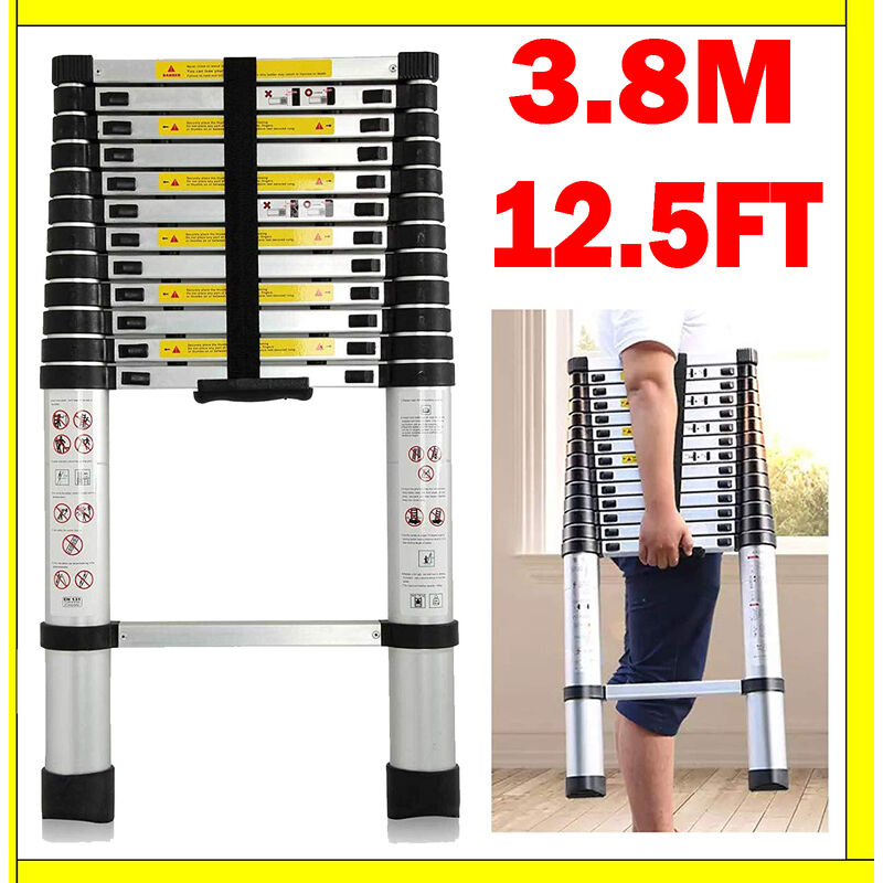 Briefness - 3.8M Telescoping Ladder Telescopic Extension Ladder with Locking Mechanism Multi Purpose Compact Ladders for Home Garage Clean 330 Pound