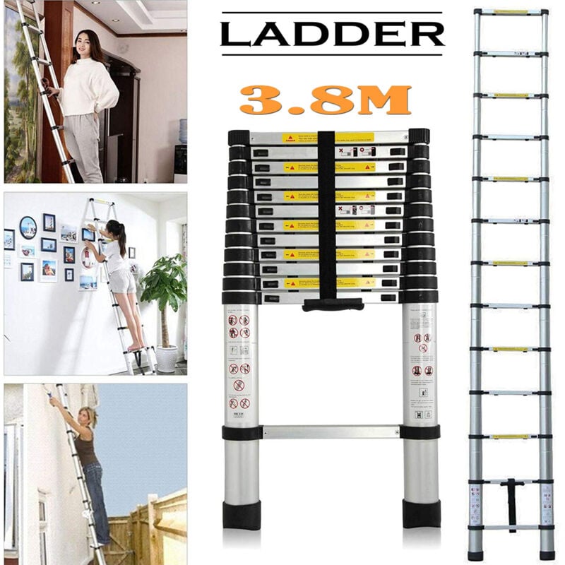 3.8M/12.5FT Extendable Alminium Ladders Telescopic Folding Portable Ladder with Stabiliser Bar EN131 Certificated