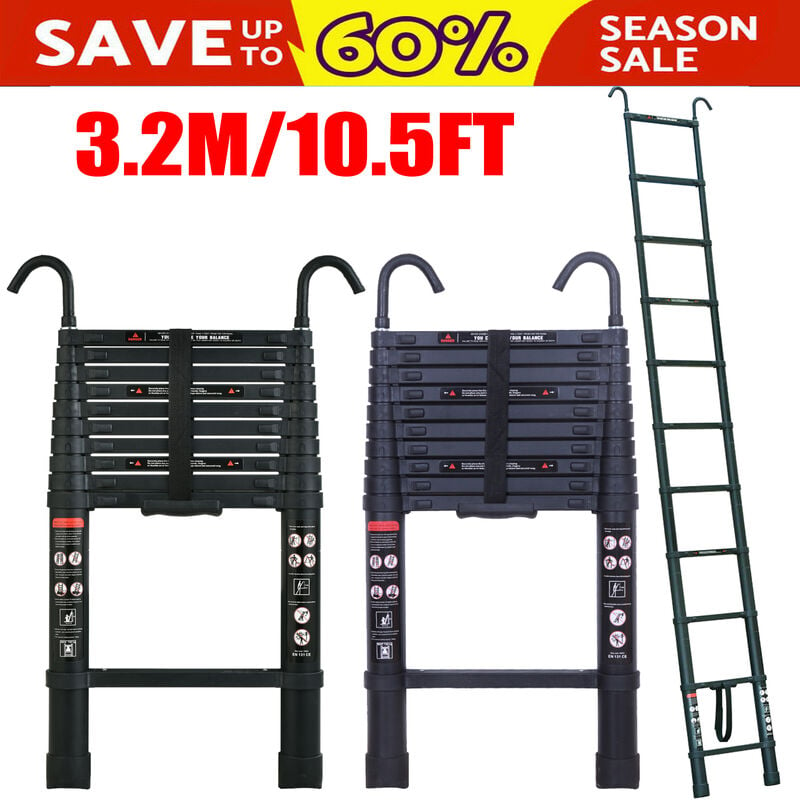 Briefness - 3.8M/12.5FT Telescopic Ladder with Detachable Hook, Aluminium Attic Ladder Extendable Loft Ladder, Max Load 150kg, EN131 Standard