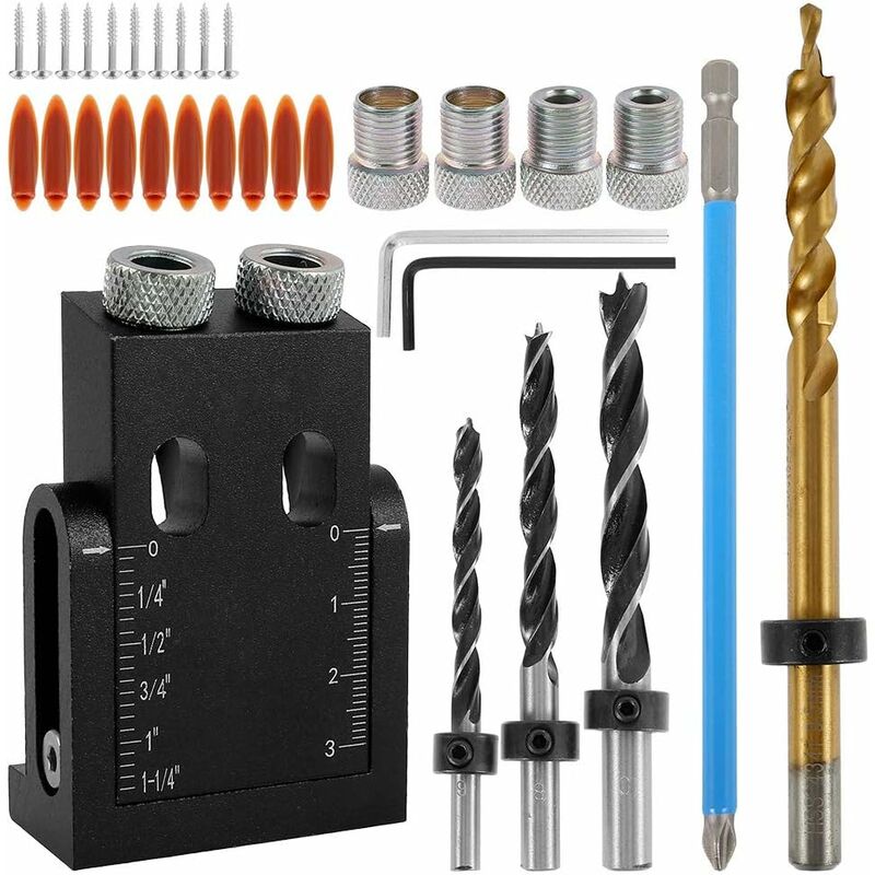 Tinor - 38Pcs 15 Degree Pocket Hole Screw Jig Dowel Drill Joinery Kit Carpenters Woodwork Guides Joint Angle Tool with 6/8/10mm Hole Drive